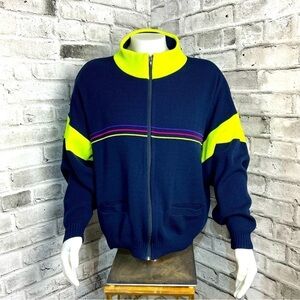 Vintage 80s Jardi Wool Blend Navy Neon Green Knit Full Zip Ski Cadigan Sweater